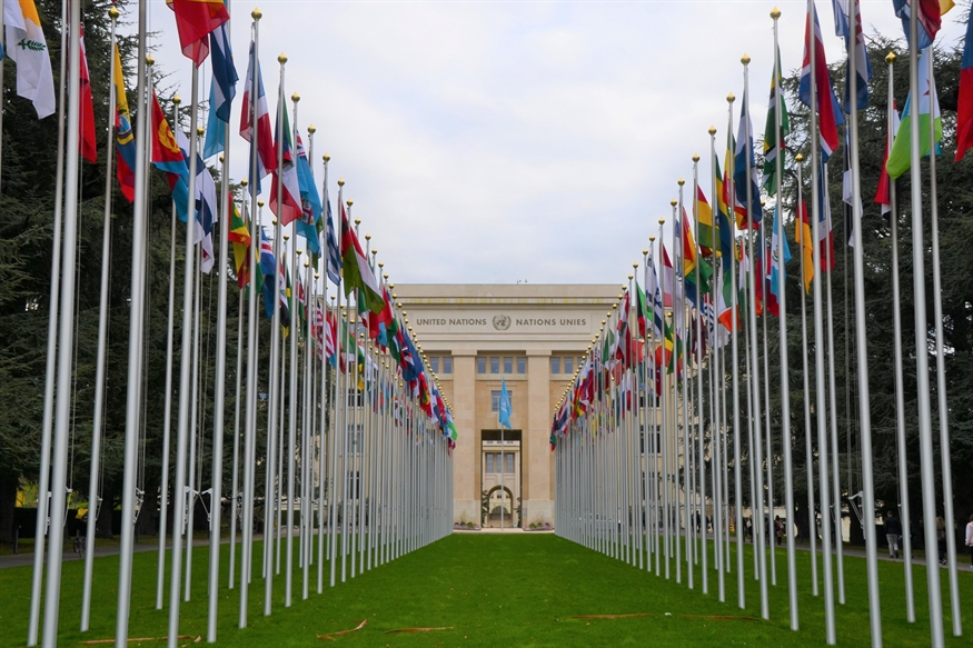 The United Nations with flags The United Nations with flags